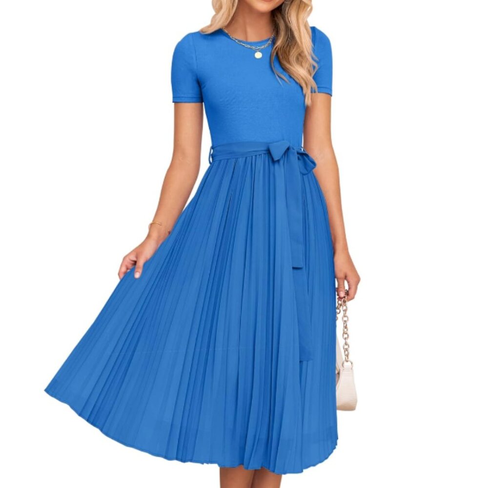 NWT (S) ZESICA Womens Summer Short Sleeve Midi Dresses Crew Neck Knit Belt